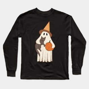 Vintage Ghost with Cat Halloween Graphic Long Sleeve T-Shirt